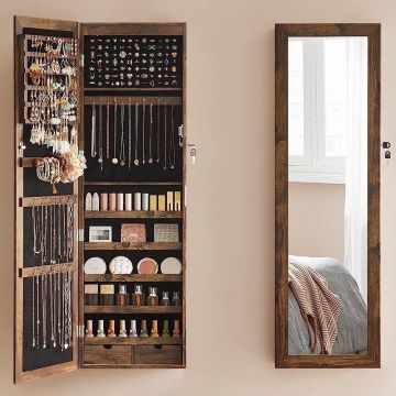 Dulap de bijuterii cu oglinda, din MDF, montare pe perete, 37x10x120 cm, maro rustic