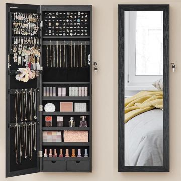 Dulap de bijuterii cu oglinda, din MDF, montare pe perete, 37x10x120 cm, negru