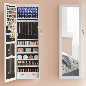 Dulap de bijuterii cu oglinda, montare pe perete, incuietoare, 37x10x120cm, alb