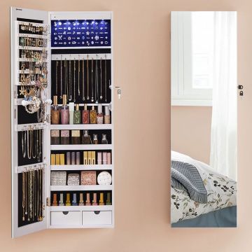 Dulap de bijuterii cu oglinda, montare pe perete, lumini LED, 37x10x120cm, alb