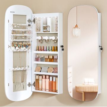 Dulap pentru bijuterii cu oglinda si LED, montare pe perete sau usa, inchidere cu cheie, 42x10x108 cm, alb