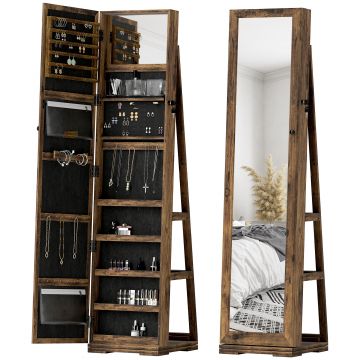 HOMCOM Armoire de Bijuterii pivotantă, blocabilă, cu oglindă - Dulap Bijuterii Multi-Depozitare - Brun Rustic | Aosom Romania