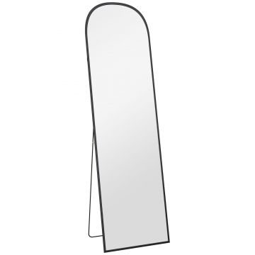 HOMCOM Oglindă de Podea și Perete Modernă din Aliaj de Aluminiu cu Suport Pliabil, 50x170 cm, Neagră | Aosom Romania