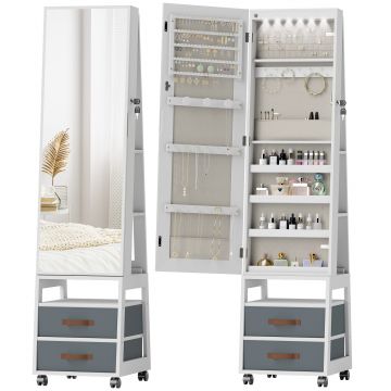 HOMCOM Oglindă Dulap pentru Bijuterii cu LED Interior Roți Pivotant 360° Rafturi Deschise Sertare din Material Textil Alb | Aosom Romania