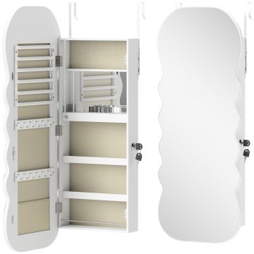 HOMCOM Oglindă-dulap pentru bijuterii cu lumină LED montabilă pe perete sau pe ușă cu încuietoare Oglindă întreagă Alb | Aosom Romania