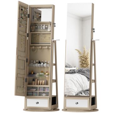 HOMCOM Oglindă-dulap pentru bijuterii cu lumini LED Dulap pentru bijuterii cu oglindă pentru întregul corp Rotativ 360° Sertar Încuietoare Natural | Aosom Romania