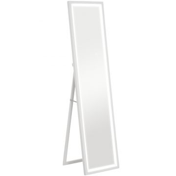 HOMCOM Oglindă Iluminată cu Lumini LED Reglabile și Buton Tactil, din Sticlă și MDF, 40x5x160 cm, Alb | Aosom Romania