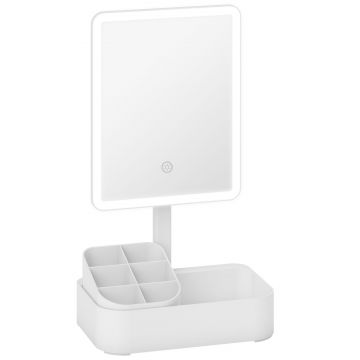 HOMCOM Oglindă Machiaj cu LED-uri, Oglindă Vanity Reîncărcabilă cu Ecran Touch, 2 Moduri de Iluminare și Rotire 180°, Alb | Aosom Romania