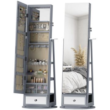HOMCOM Oglindă portarbijuterii cu lumini LED Dulap portarbijuterii cu oglindă completă Rotativ de 360° Sertar Încuietoare Gri deschis | Aosom Romania