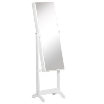 HOMCOM Oglindă Portbijuterii, Dulap Portbijuterii cu Unghi Reglabil, Organizator pentru Inele, Coliere, Cercei, Încuietoare cu Cheie, pentru Dormitor, Living, 46x36.5x151.5cm, Alb | Aosom Romania