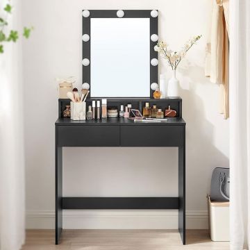 Masa de toaleta cu iluminare LED, cu oglinda, luminozitate reglabila, cu 2 sertare, 80x40x145cm, negru