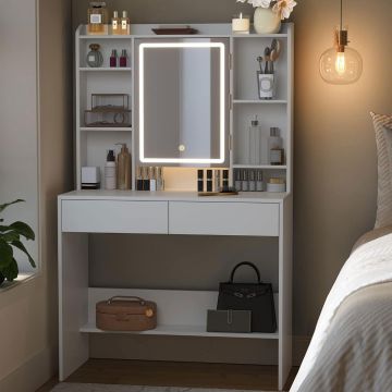Masa de toaleta cu oglinda, iluminare LED reglabila, 2 sertare, 90x40x145cm, alb