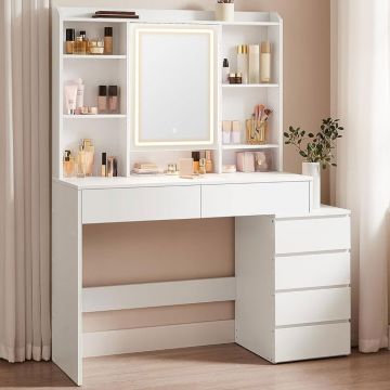 Masa de toaleta cu oglinda, iluminare LED reglabila, 6 sertare, 118x40x145 cm, alb