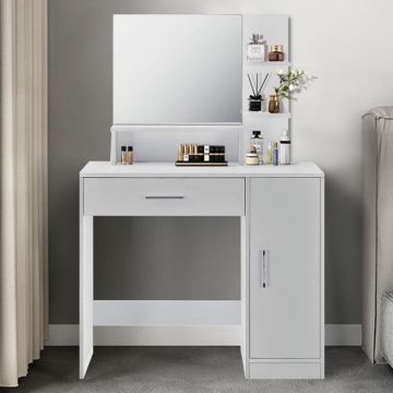 Masa de toaleta cu oglinda, sertar, dulap si rafturi, 90x38x138 cm, alb