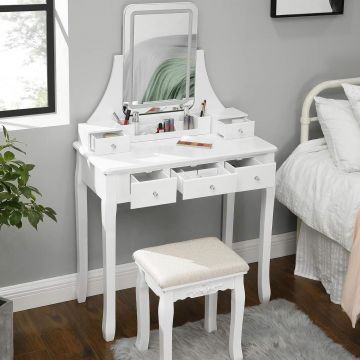 Masa de toaleta cu taburet, oglinda rotativa 360A , iluminare LED reglabila, 80x40x138 cm, alb