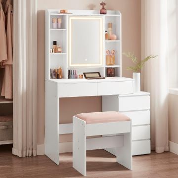Masa de toaleta cu taburet si oglinda, iluminare LED reglabila, 6 sertare, 98x40x145 cm, alb