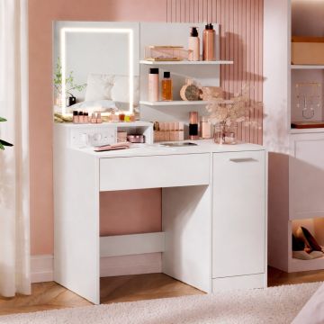 Masa de toaleta Kailyn cu oglinda LED si priza integrata, porturi USB, sertar, rafturi si dulap, PAL, 80x40x132 cm, alb