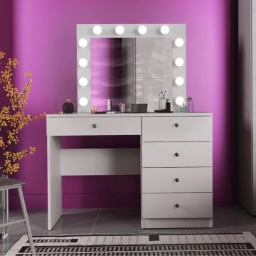 Masa de toaleta si machiaj Cristal 12 LED cu oglinda si 5 sertare, 110x47x77 cm, alb