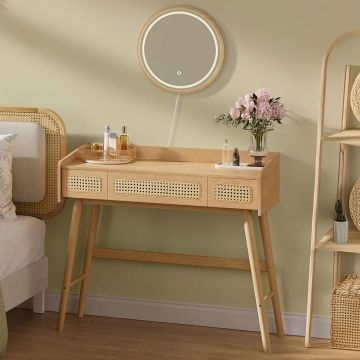 Masuta de toaleta cu oglinda iluminata LED, 3 sertare aspect ratan, stil boho, MDF si lemn, 88x43x82 cm, bej