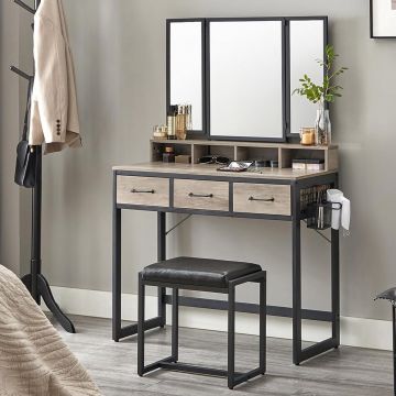 Masuta toaleta 90x40x141 cm, cu 3 sertare, oglinda tripla si taburet, lemn si otel, gri si negru