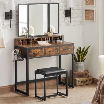 Masuta toaleta 90x40x141 cm, cu 3 sertare, oglinda tripla si taburet, lemn si otel, maro rustic si negru