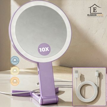 Oglinda Cosmetica Pliabila Elindor® Rotire 360°, Efect de Marire Lupa 10x, Oglinzi Cosmetice pentru Coafor, Frizerie, Barbierit, Pensat, Vopsit, Tuns, Machiaj, ABS Durabil, 3 Culori Lumina, in Mana sau pe Masa, 26.4x16 cm,  cm, Mov - Default Title