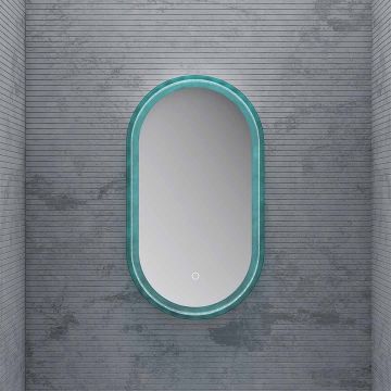 Oglinda de baie, cu led si touch, ovala, rama transparenta albastra, 45x80 cm, MonBlari