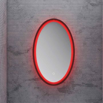 Oglinda de baie, cu led si touch, ovala, rama transparenta rosie, 45x80 cm, MonBlari