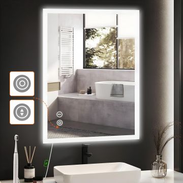 Oglinda de Perete Elindor® 70 x 50 cm, Dreptunghiulara, Antiaburire, Montare pe Orizontala/Verticala, fara Rama, Ideala pentru Baie, Iluminare Led, Buton ON/OFF Luminat si Noaptea, Rezistenta la Umiditate IP55, Functie Dezaburire - Default Title