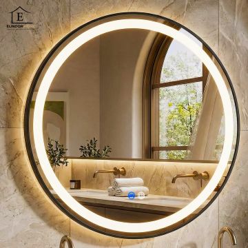 Oglinda de Perete Elindor® Rotunda, Antiaburire, cu Rama Neagra, Ideala pentru Baie, Iluminare Led, 3 Culori Lumina, Dimabila, Buton ON/OFF Luminat si Noaptea, Rezistenta la Umiditate IP44, 80 x 80 cm - Default Title