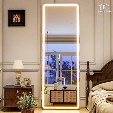 Oglinda de Podea Alba Elindor® cu LED, Verticala, Dreptunghiulara, Colturi Rotunjite, Suport Rabatabil, Montaj pe Perete sau Podea, Ideala pentru Dormitor, Living, Birou, Hol Dressing sau Nunta, Perfecta pentru Mireasa, Rama din Aluminiu, 150x60 cm - Def