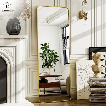 Oglinda de Podea Aurie Elindor® Decorativa, Verticala, Dreptunghiulara, Colturi Rotunjite, Suport Rabatabil, Montaj pe Perete sau Podea, Ideala pentru Dormitor, Living, Birou, Hol Dressing sau Nunta, Perfecta pentru Mireasa, Rama din Aluminiu, 165x60 cm