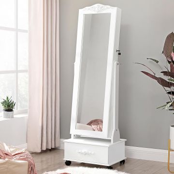 Oglinda de podea cu dulap depozitare bijuterii, iluminare LED si roti, cu cheie, 35x45x156 cm, alb