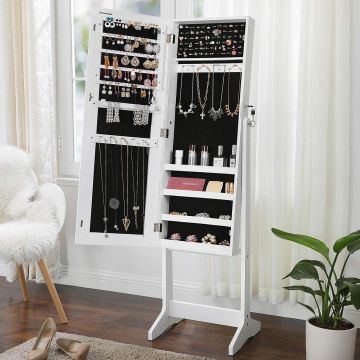 Oglinda de podea cu suport, din MDF, spatiu de depozitare, 41x37x152 cm, alb