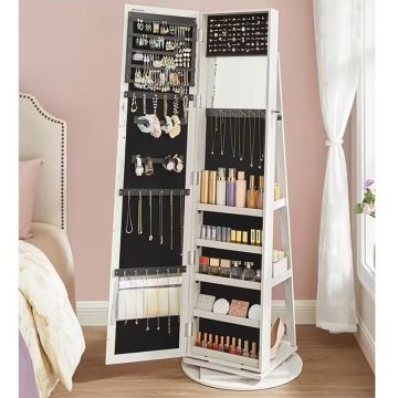 Oglinda de podea cu suport rotativ la 360A , cu spatiu de depozitare, 55x55x161cm, alb cenusiu