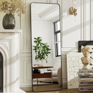 Oglinda de Podea Neagra Elindor® Decorativa, Verticala, Dreptunghiulara, Colturi Rotunjite, Suport Rabatabil, Montaj pe Perete sau Podea, Ideala pentru Dormitor, Living, Birou, Hol Dressing sau Nunta, Rama din Aluminiu, 165 x 60 cm - Default Title
