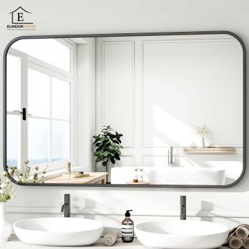 Oglinda Decorativa 122x75 cmElindor® Agatare pe Perete sau Sprijinita, Neagra, Dreptunghiulara, Colturi Rotunjite, Moderna si Eleganta, Reflexie HD, Sticla fara Distorsiuni, Ideala pentru Dormitor, Living, Birou, Dressing, Hol, Baie, Rama Metalica, - Def