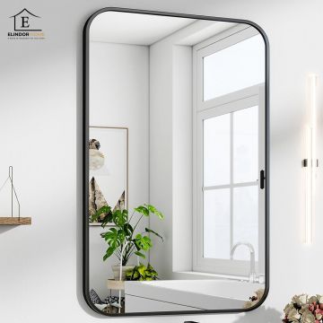 Oglinda Decorativa 90x60 cm Elindor® Agatare pe Perete sau Sprijinita, Rama Neagra, Dreptunghiulara, Colturi Rotunjite, Moderna si Eleganta, Reflexie HD, Sticla fara Distorsiuni, Ideala pentru Dormitor, Living, Birou, Dressing, Hol, Baie - Default Title