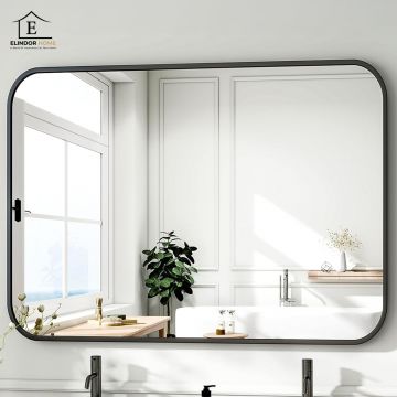 Oglinda Decorativa Elindor®  100x75cm Rama Neagra  Agatare pe Perete sau Sprijinita, Dreptunghiulara, Colturi Rotunjite, Moderna si Eleganta, Reflexie HD, Sticla fara Distorsiuni, Ideala pentru Dormitor, Living, Birou, Dressing, Hol, Baie, - Default Titl