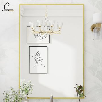 Oglinda Decorativa Elindor®  122 x 75 cm Rama  Aurie ,Agatare pe Perete sau Sprijinita, Dreptunghiulara, Moderna si Eleganta, Reflexie HD, Sticla fara Distorsiuni, Ideala pentru Dormitor, Living, Birou, Dressing, Hol, Baie - Default Title