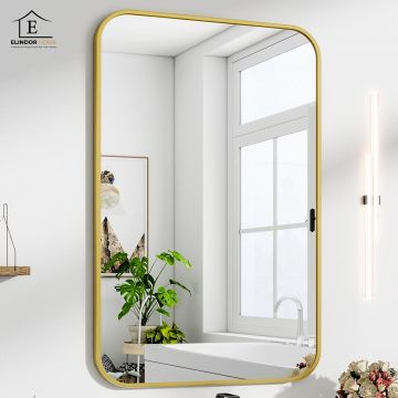 Oglinda Decorativa Elindor® Agatare pe Perete sau Sprijinita, Aurie, Dreptunghiulara, Colturi Rotunjite, Moderna si Eleganta, Reflexie HD, Sticla fara Distorsiuni, Ideala pentru Dormitor, Living, Birou, Dressing, Hol, Baie, Rama Metalica, 90x60 cm - Defa