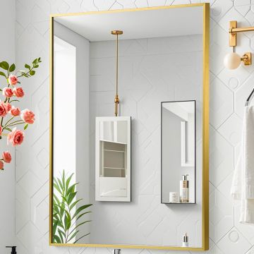 Oglinda Decorativa Elindor® Agatare pe Perete sau Sprijinita, Aurie, Dreptunghiulara, Moderna si Eleganta, Reflexie HD, Sticla fara Distorsiuni, Ideala pentru Dormitor, Living, Birou, Dressing, Hol, Baie, Rama Metalica, 90 x 60 cm - Default Title