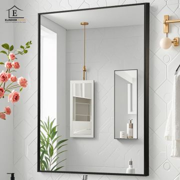 Oglinda Decorativa Elindor® Agatare pe Perete sau Sprijinita, Neagra, Dreptunghiulara, Moderna si Eleganta, Reflexie HD, Sticla fara Distorsiuni, Ideala pentru Dormitor, Living, Birou, Dressing, Hol, Baie, Rama Metalica, 90 x 60 cm - Default Title