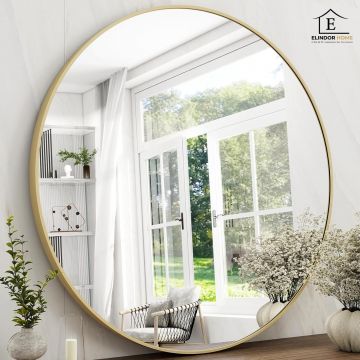 Oglinda Rotunda Aurie Elindor® Decorativa, Moderna si Eleganta, Reflexie HD, Sticla fara Distorsiuni, Ideala pentru Dormitor, Living, Birou, Dressing, Hol, Rama Metalica, Diametru 105 cm - Default Title