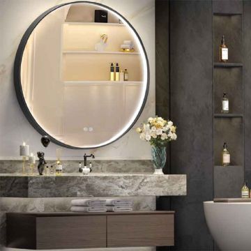 Oglindă rotundă Fluminia Uccello 90, cu iluminare LED și dezaburire, ramă neagră