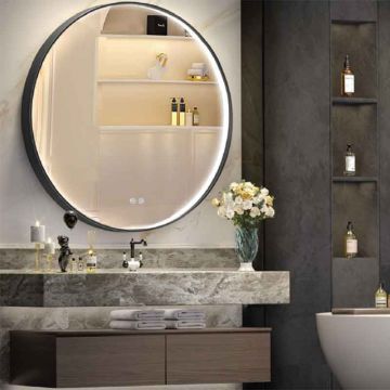 Oglinda rotunda Fluminia Uccello 90, cu iluminare LED si dezaburire, rama neagra