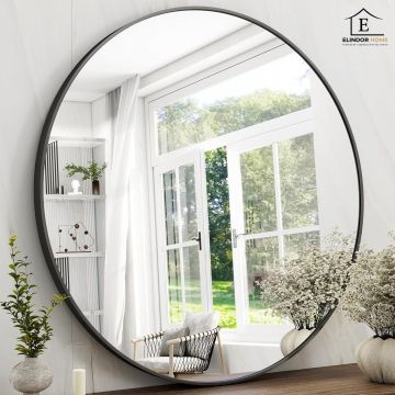 Oglinda Rotunda Neagra Elindor® Decorativa, Moderna si Eleganta, Reflexie HD, Sticla fara Distorsiuni, Ideala pentru Dormitor, Living, Birou, Dressing, Hol, Rama Metalica, Diametru 105 cm - Default Title