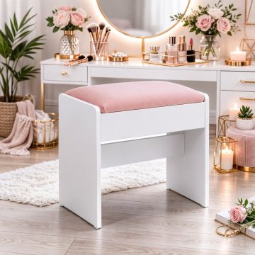 Taburet masa toaleta tapitat cu catifea, picioare cu protectii, 29x45x45 cm, alb si roz